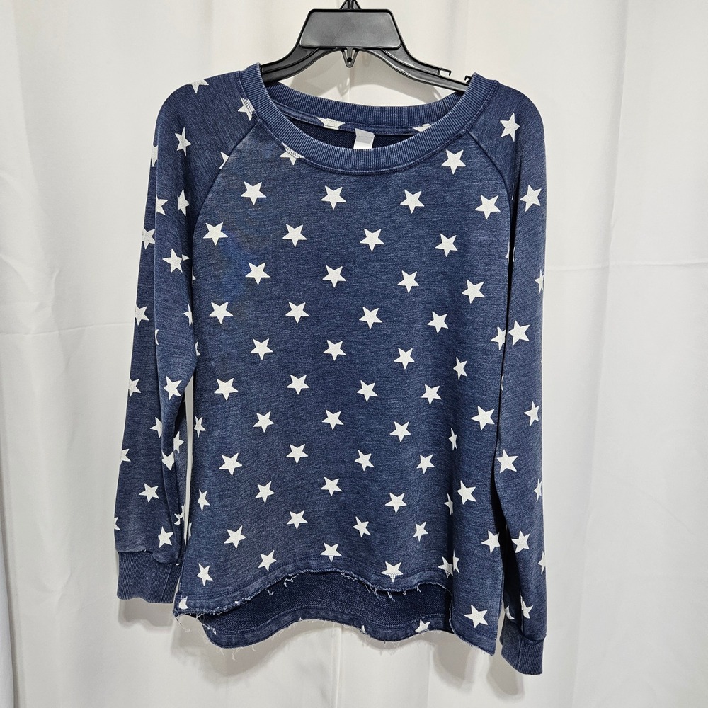 Alternative Apparel Womens Blue Star Print Raglan Sweatshirt Raw Hem Large